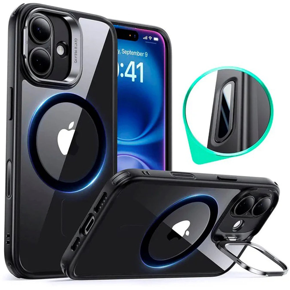 MagSafe cover til Apple iPhone 16, ESR, Classic Hybrid Kickstand Slide, Sort Transparent