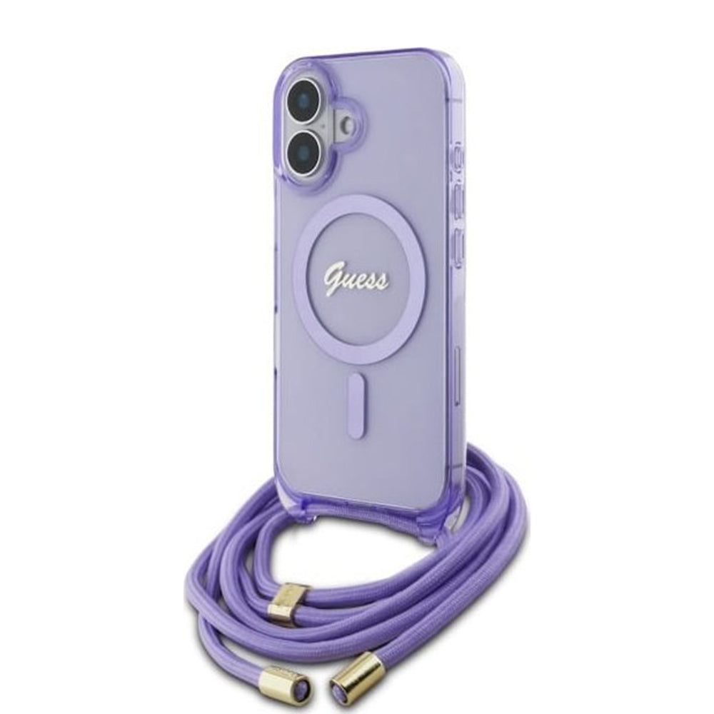 MagSafe etui til Apple iPhone 16, Guess, IML Crossbody Cord Script, Lilla