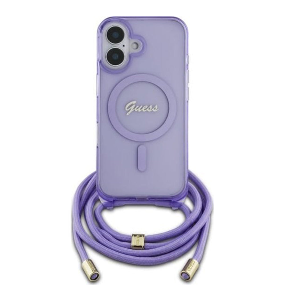 MagSafe etui til Apple iPhone 16, Guess, IML Crossbody Cord Script, Lilla