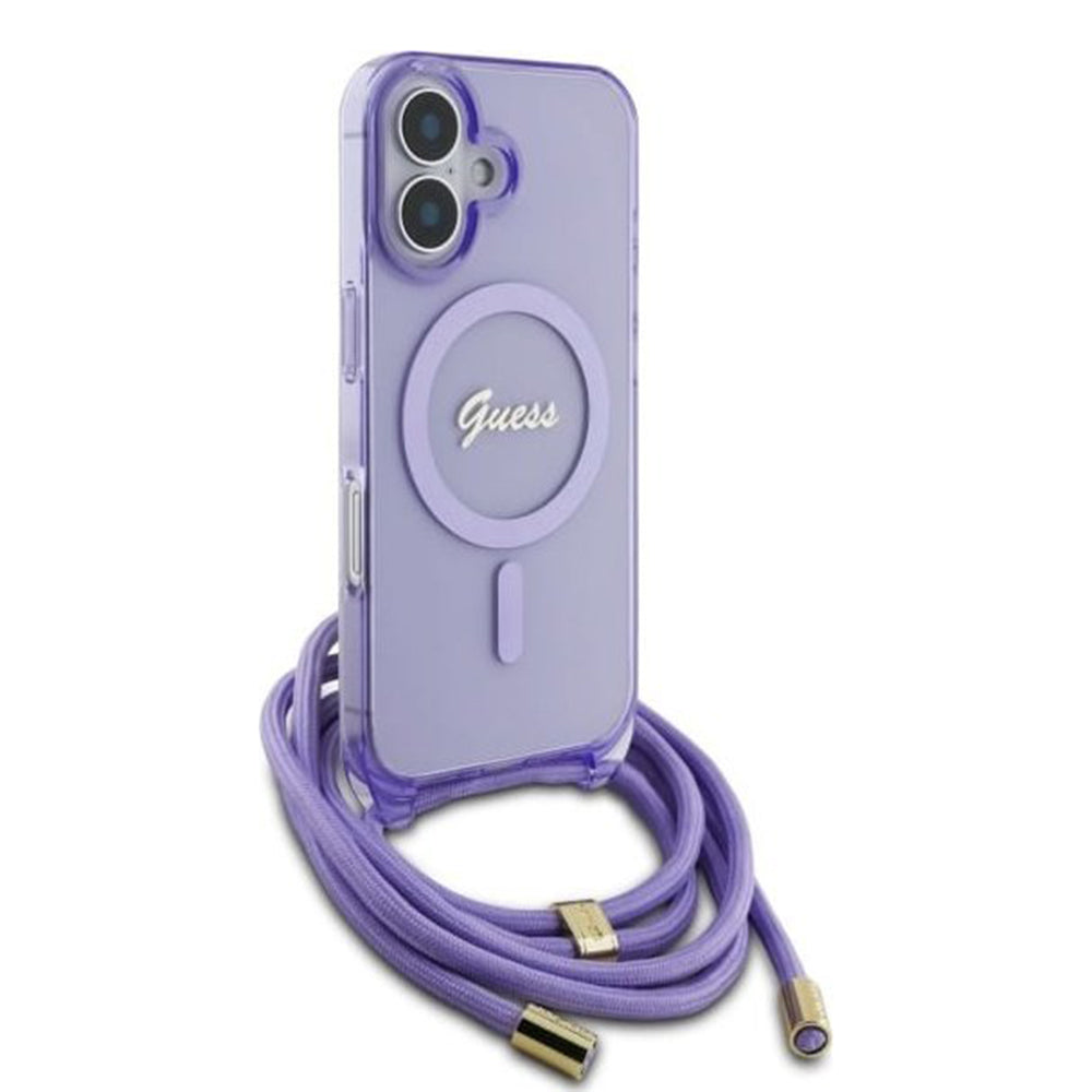 MagSafe etui til Apple iPhone 16, Guess, IML Crossbody Cord Script, Lilla