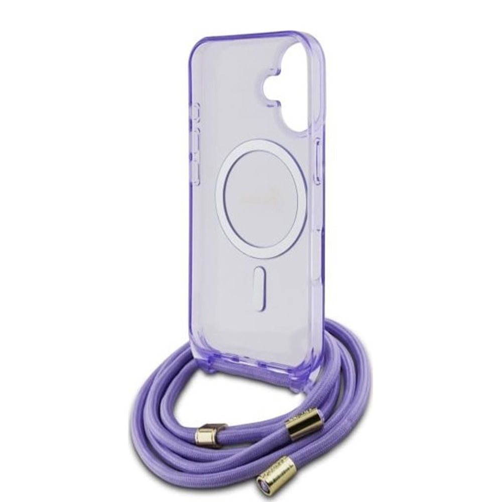 MagSafe etui til Apple iPhone 16, Guess, IML Crossbody Cord Script, Lilla