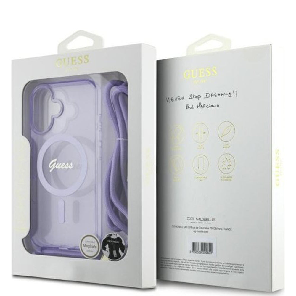 MagSafe etui til Apple iPhone 16, Guess, IML Crossbody Cord Script, Lilla
