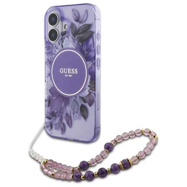 MagSafe cover til Apple iPhone 16, Guess, IML Flowers with Pearl Strap, Lilla