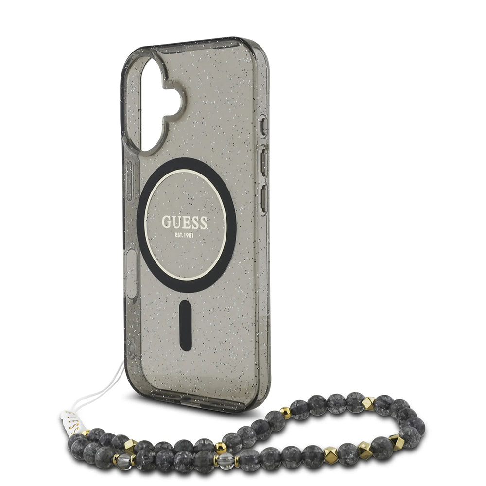 MagSafe Case for Apple iPhone 16, Guess, IML Glitter with Pearl Strap, Black