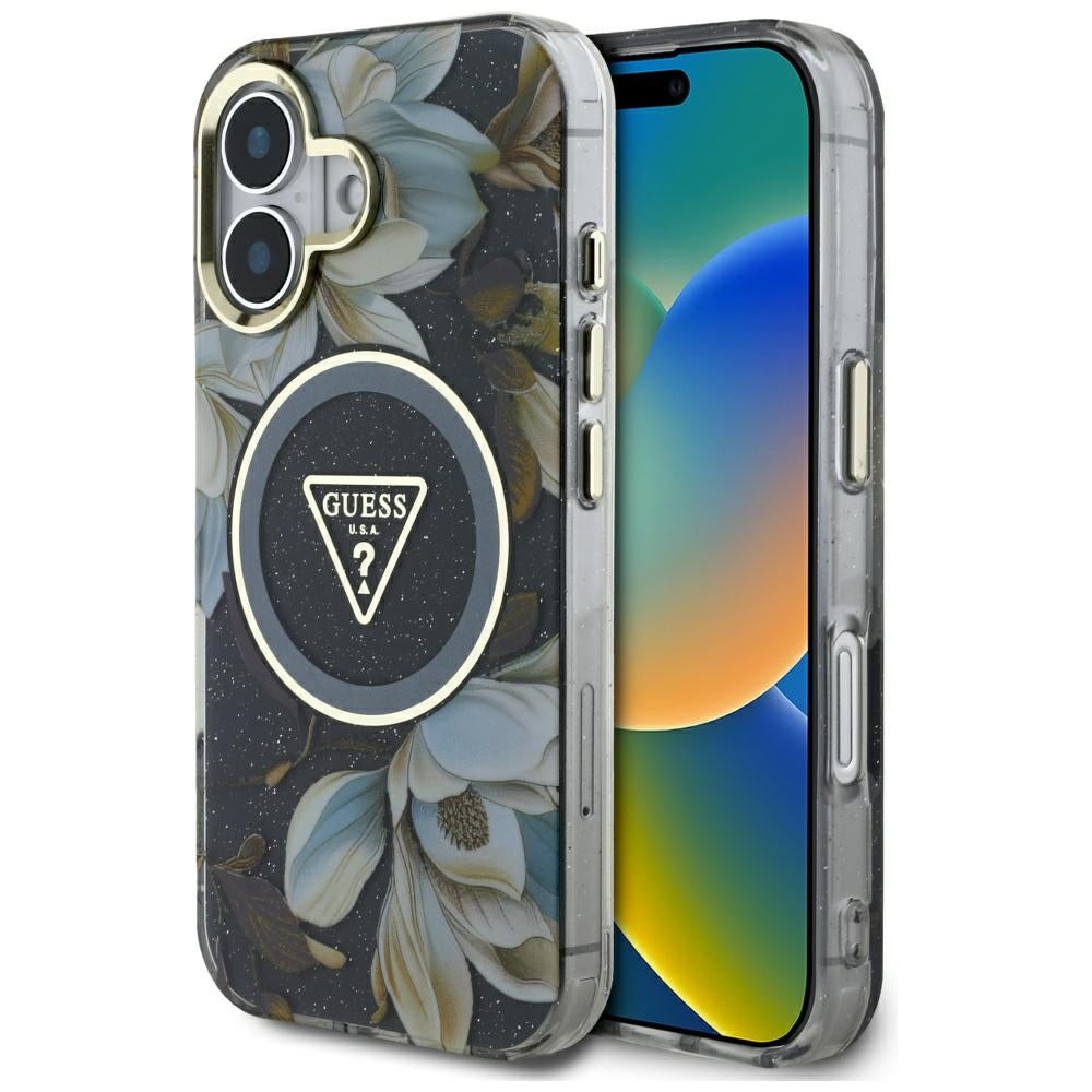 MagSafe cover til Apple iPhone 16, Guess, IML Metal Glitter Flowers Triangle, Sort