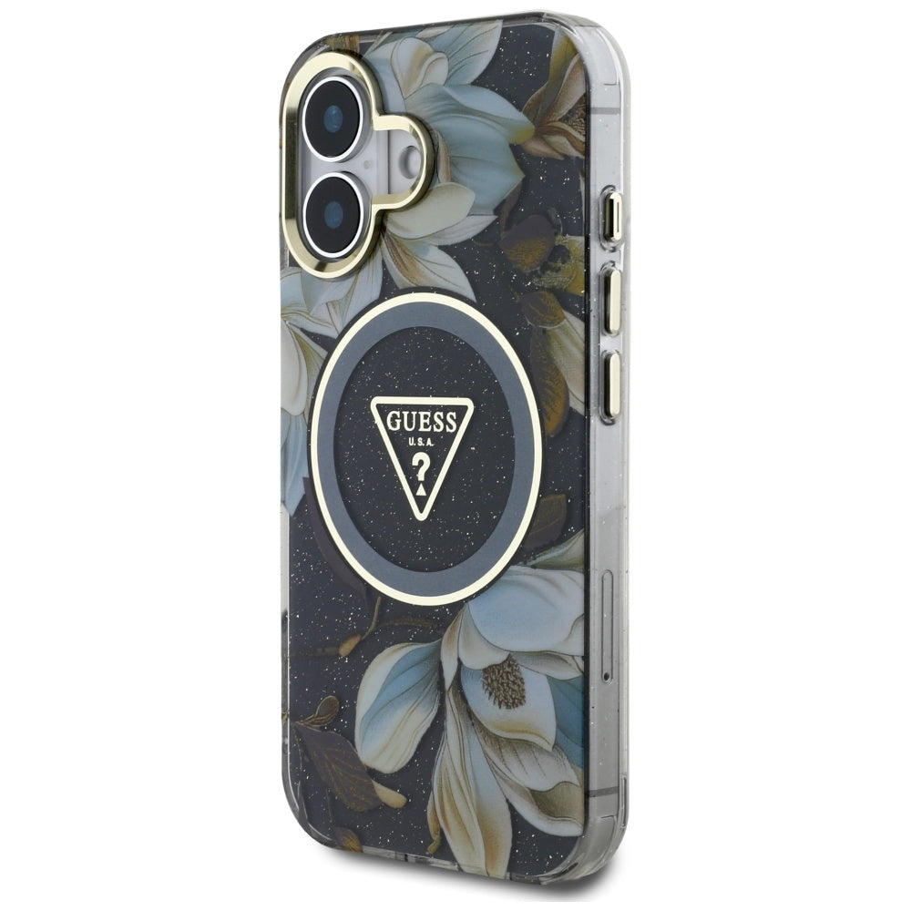 MagSafe cover til Apple iPhone 16, Guess, IML Metal Glitter Flowers Triangle, Sort
