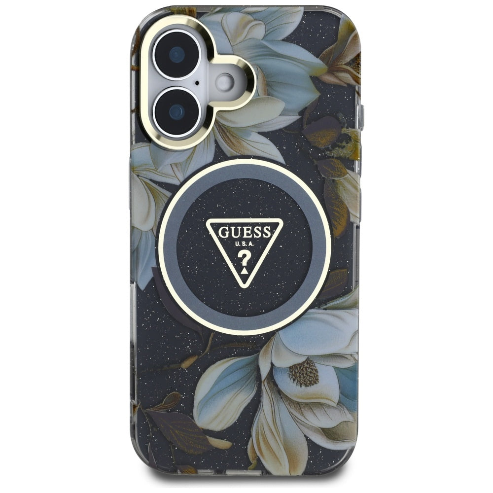 MagSafe cover til Apple iPhone 16, Guess, IML Metal Glitter Flowers Triangle, Sort