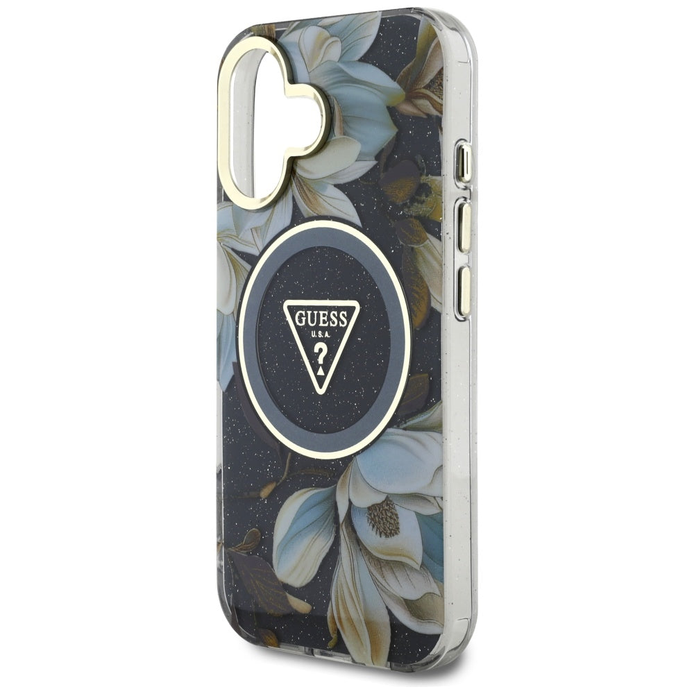 MagSafe cover til Apple iPhone 16, Guess, IML Metal Glitter Flowers Triangle, Sort