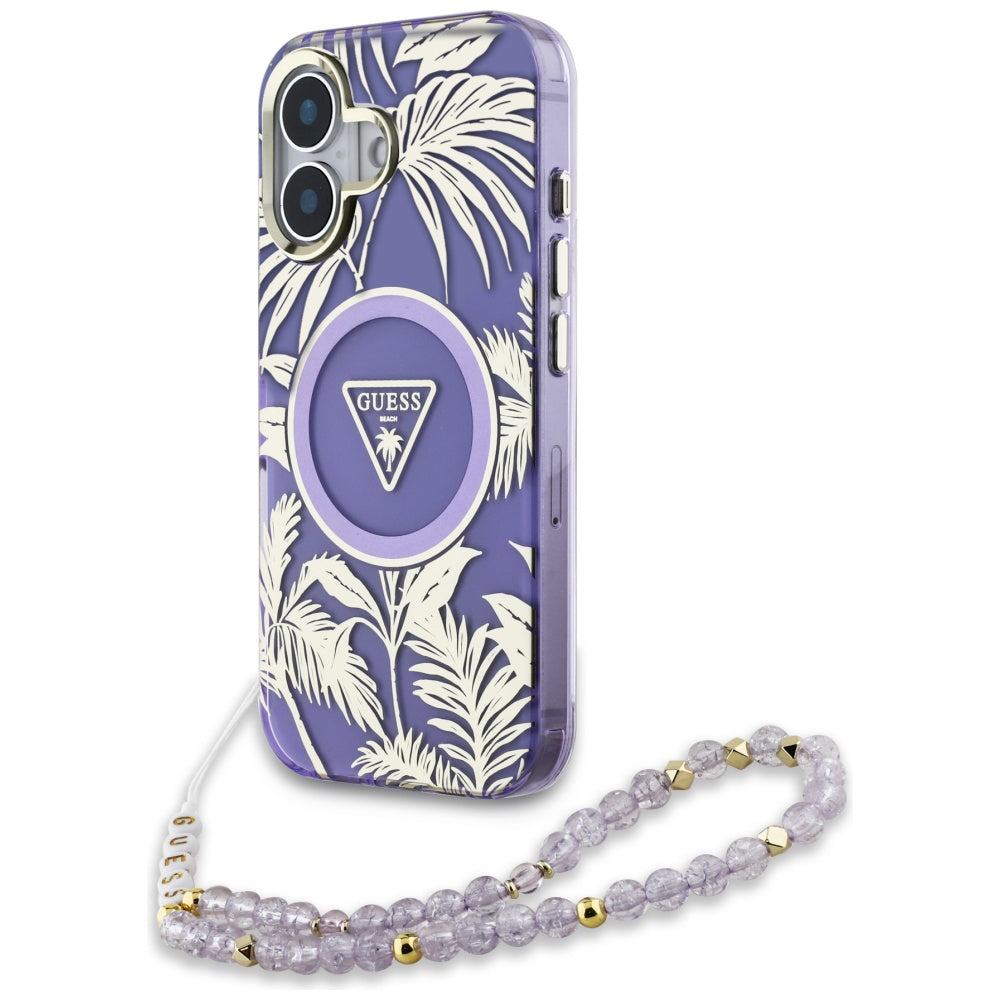 MagSafe cover til Apple iPhone 16, Guess, IML Palm Trees Triangle med Pearl Strap, Lilla