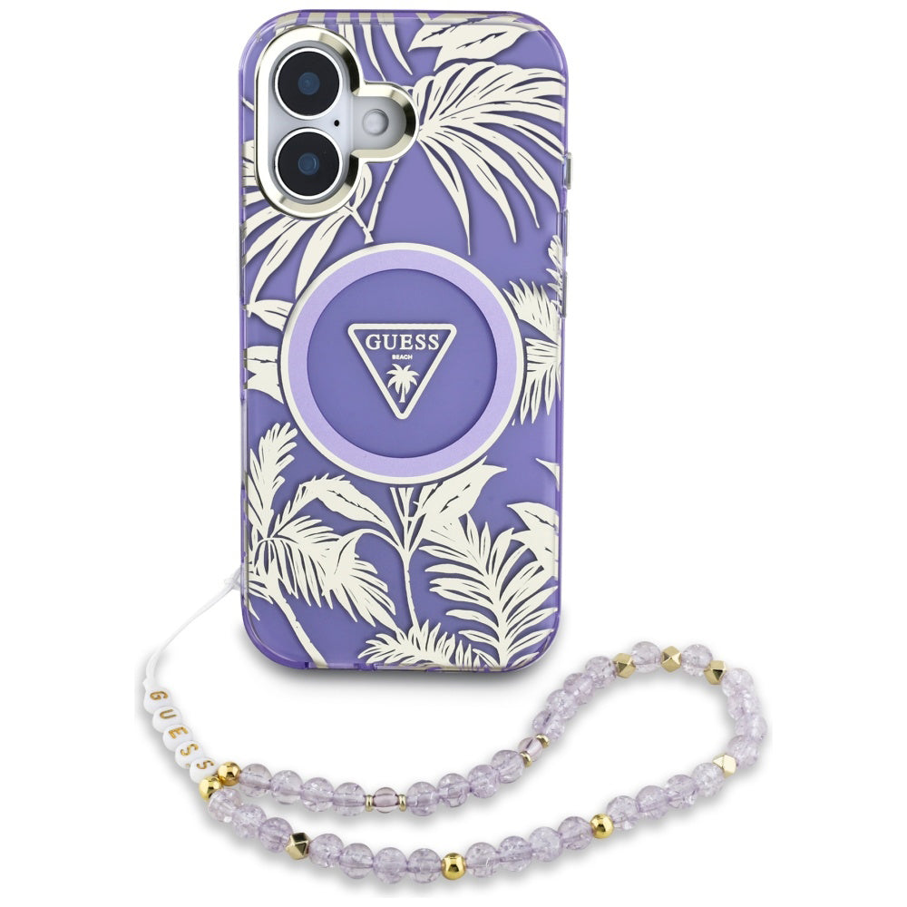 MagSafe cover til Apple iPhone 16, Guess, IML Palm Trees Triangle med Pearl Strap, Lilla