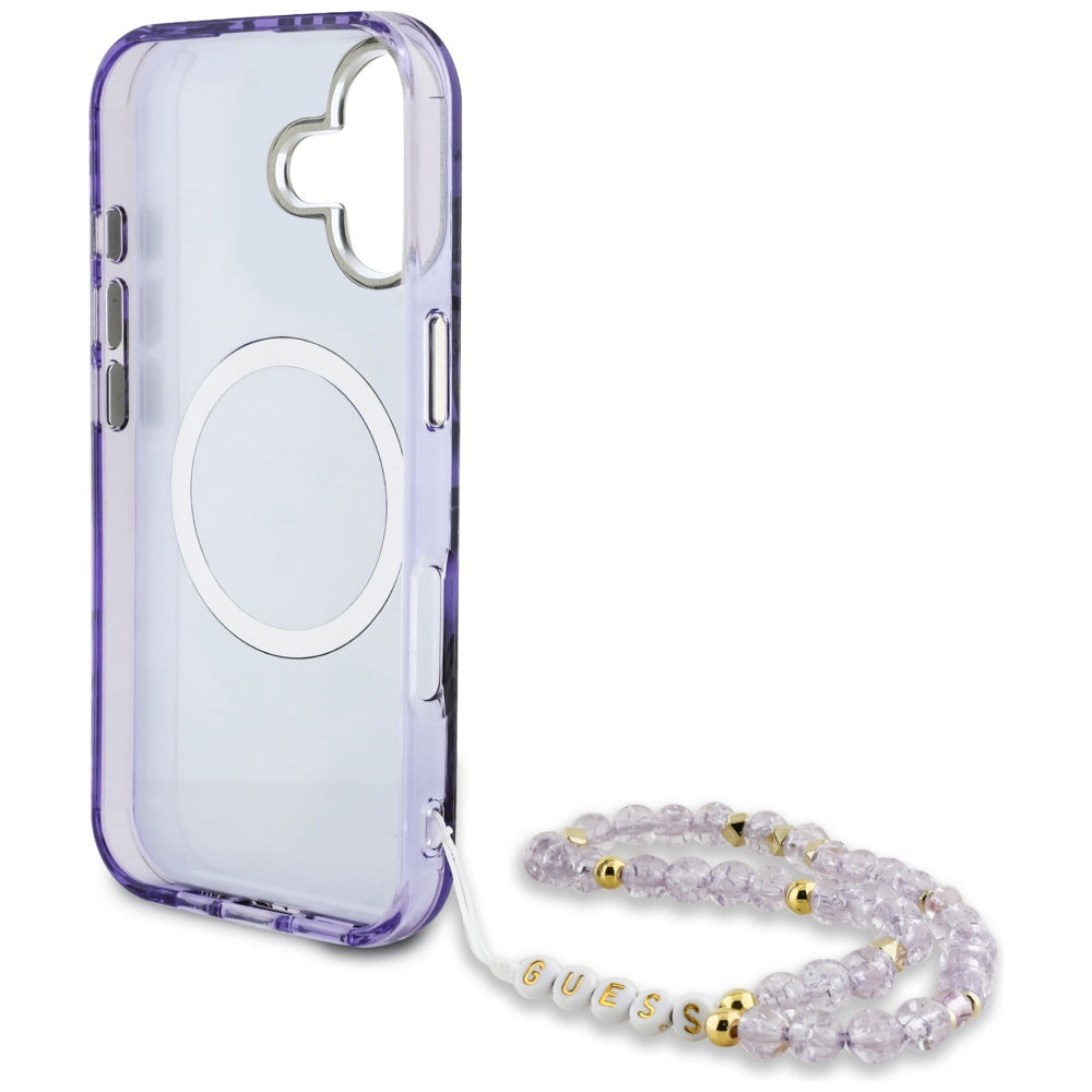 MagSafe cover til Apple iPhone 16, Guess, IML Palm Trees Triangle med Pearl Strap, Lilla