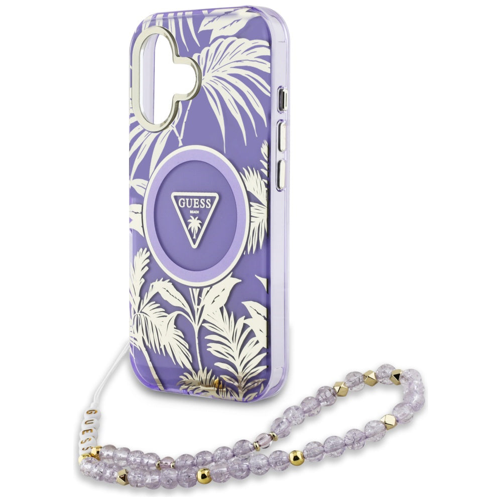MagSafe cover til Apple iPhone 16, Guess, IML Palm Trees Triangle med Pearl Strap, Lilla