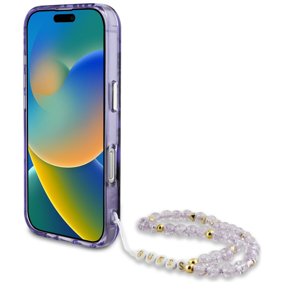 MagSafe cover til Apple iPhone 16, Guess, IML Palm Trees Triangle med Pearl Strap, Lilla
