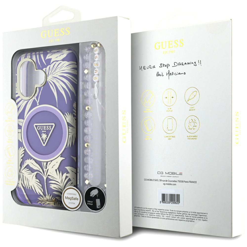 MagSafe cover til Apple iPhone 16, Guess, IML Palm Trees Triangle med Pearl Strap, Lilla