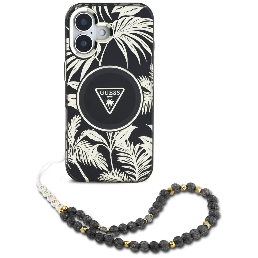 MagSafe cover til Apple iPhone 16, Guess, IML Palm Trees Triangle med Pearl Strap, Sort
