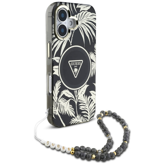 MagSafe cover til Apple iPhone 16, Guess, IML Palm Trees Triangle med Pearl Strap, Sort
