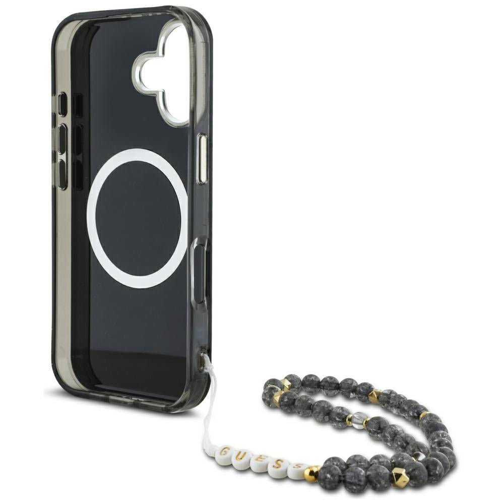 MagSafe cover til Apple iPhone 16, Guess, IML Palm Trees Triangle med Pearl Strap, Sort