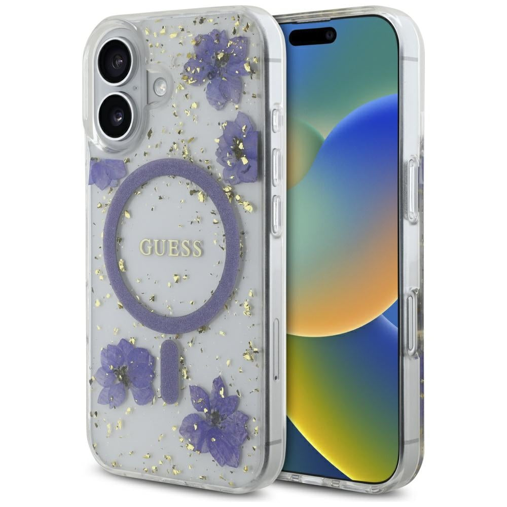 MagSafe cover til Apple iPhone 16, Guess, Resin Flowers and Glitter, Lilla
