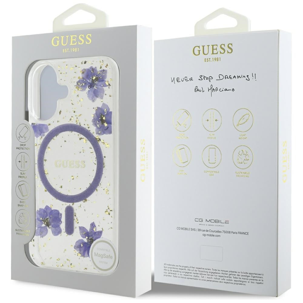 MagSafe cover til Apple iPhone 16, Guess, Resin Flowers and Glitter, Lilla