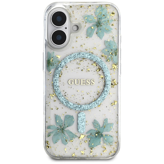 MagSafe cover til Apple iPhone 16, Guess, Resin Flowers and Glitter, Turkis
