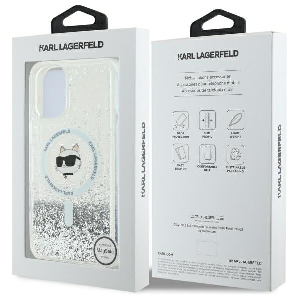 MagSafe cover til Apple iPhone 16, Karl Lagerfeld, Glitter Liquid Choupette Head, Transparent