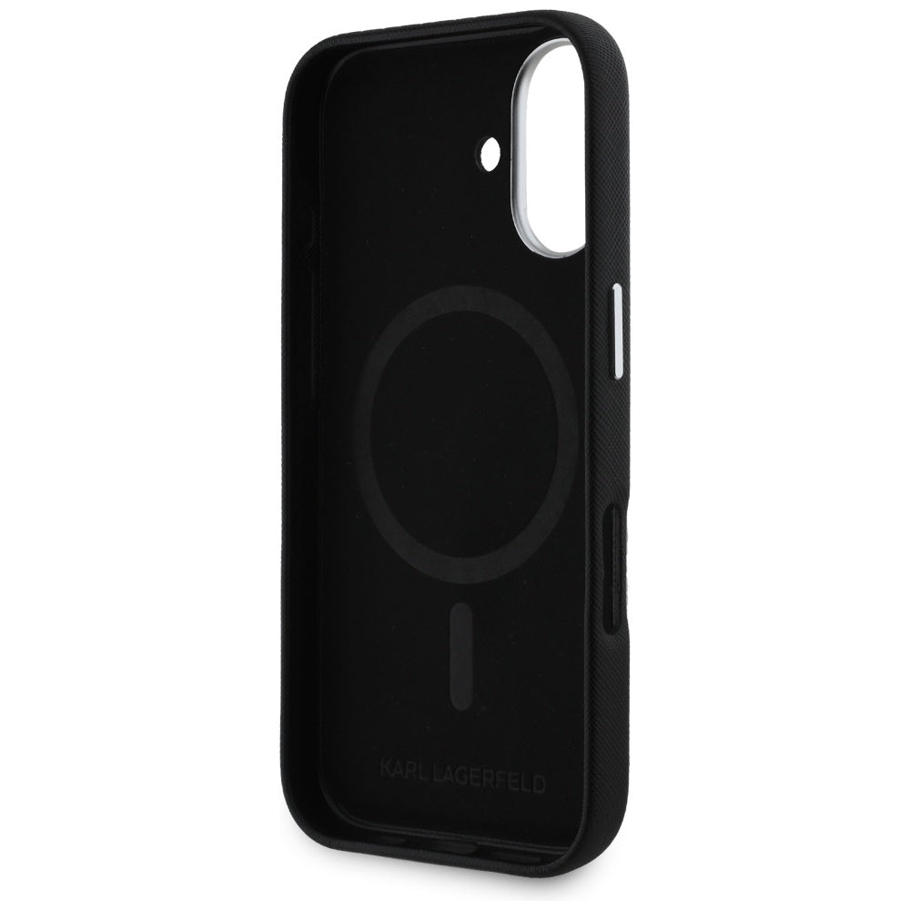 MagSafe cover til Apple iPhone 16, Karl Lagerfeld, Saffiano Full Wrapped Elongated Metal Logo, Sort
