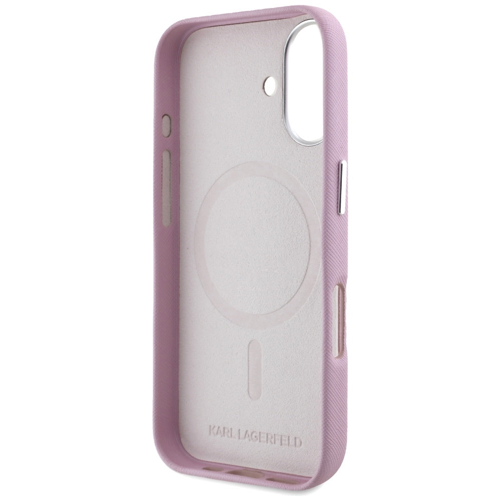 MagSafe cover til Apple iPhone 16, Karl Lagerfeld, Saffiano Full Wrapped Elongated Metal Logo, Pink