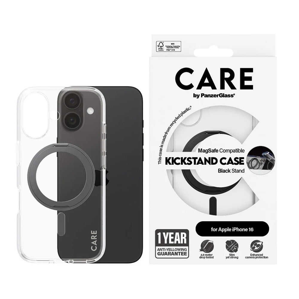 MagSafe cover til Apple iPhone 16, PanzerGlass, Care Feature Kickstand, Sort Transparent