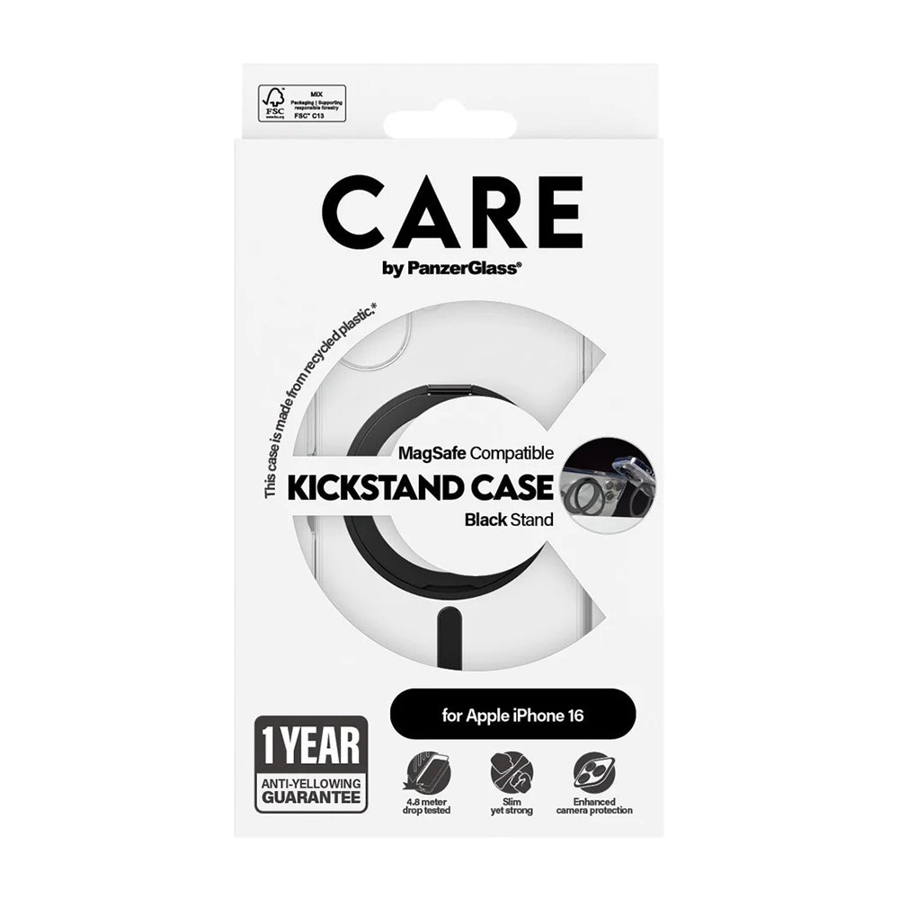 MagSafe cover til Apple iPhone 16, PanzerGlass, Care Feature Kickstand, Sort Transparent