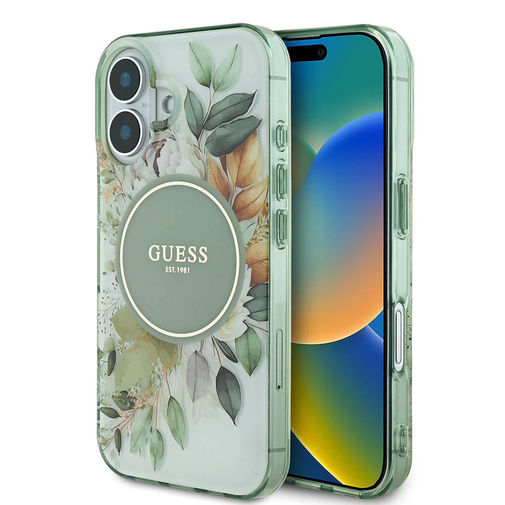 MagSafe Case for Apple iPhone 16 Plus, Guess, IML Flower & Tonal Circle, Green