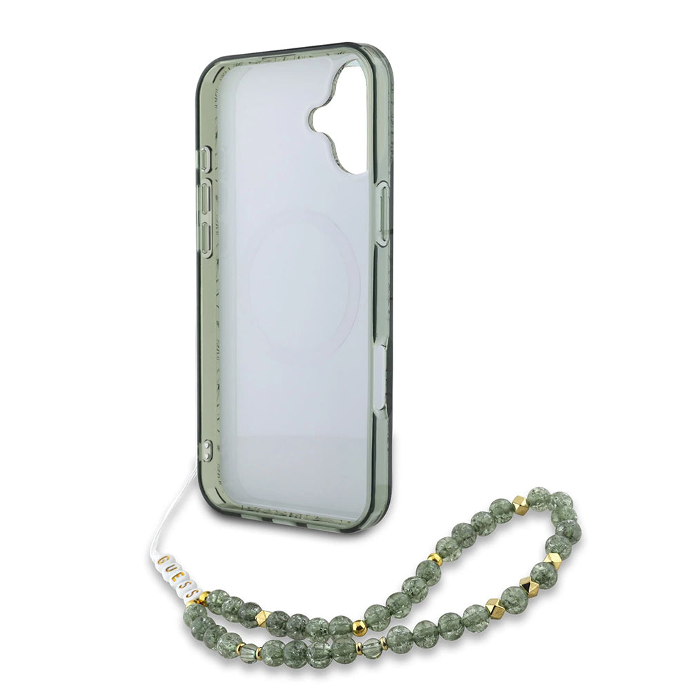 MagSafe cover til Apple iPhone 16 Plus, Guess, IML Flowers Allover Electroplated with Pearl Strap, Grøn