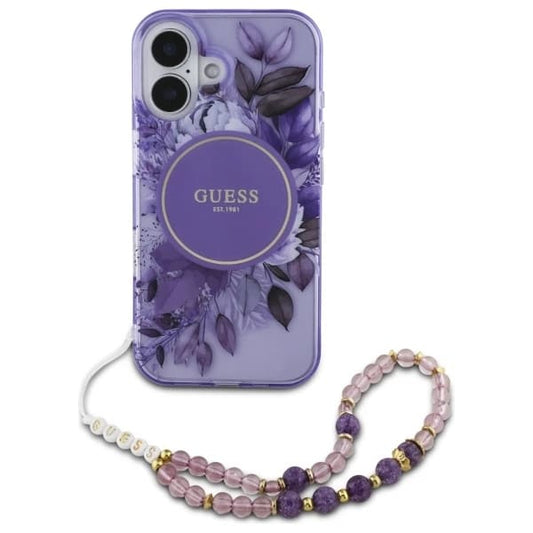 MagSafe cover til Apple iPhone 16 Plus, Guess, IML Flowers with Pearl Strap, Lilla