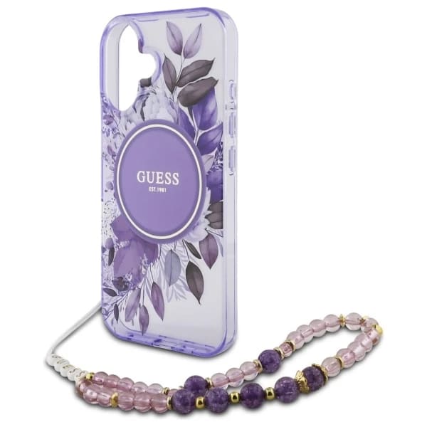 MagSafe cover til Apple iPhone 16 Plus, Guess, IML Flowers with Pearl Strap, Lilla
