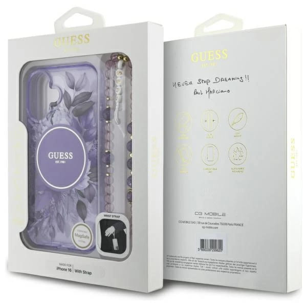 MagSafe cover til Apple iPhone 16 Plus, Guess, IML Flowers with Pearl Strap, Lilla