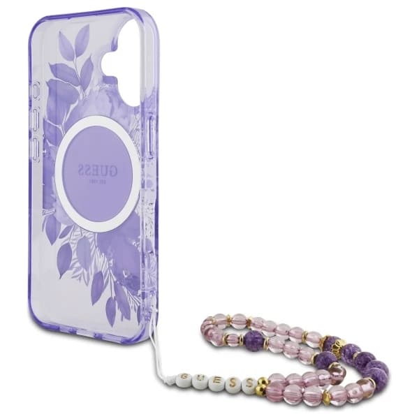 MagSafe cover til Apple iPhone 16 Plus, Guess, IML Flowers with Pearl Strap, Lilla