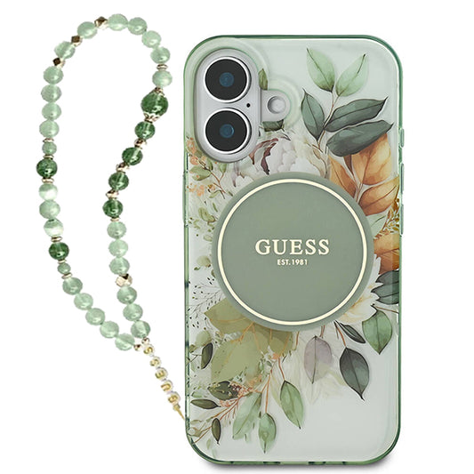 MagSafe cover til Apple iPhone 16 Plus, Guess, IML Flowers with Pearl Strap, Grøn