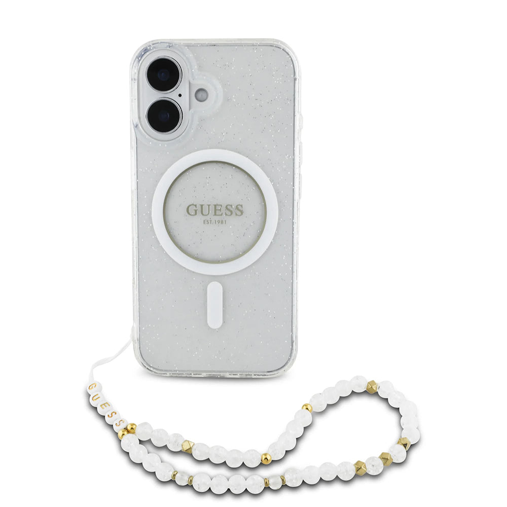 MagSafe cover til Apple iPhone 16 Plus, Guess, IML Glitter med perlerem, Transparent