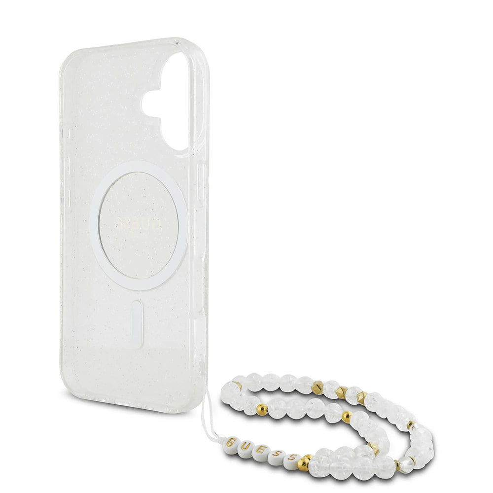 MagSafe cover til Apple iPhone 16 Plus, Guess, IML Glitter med perlerem, Transparent
