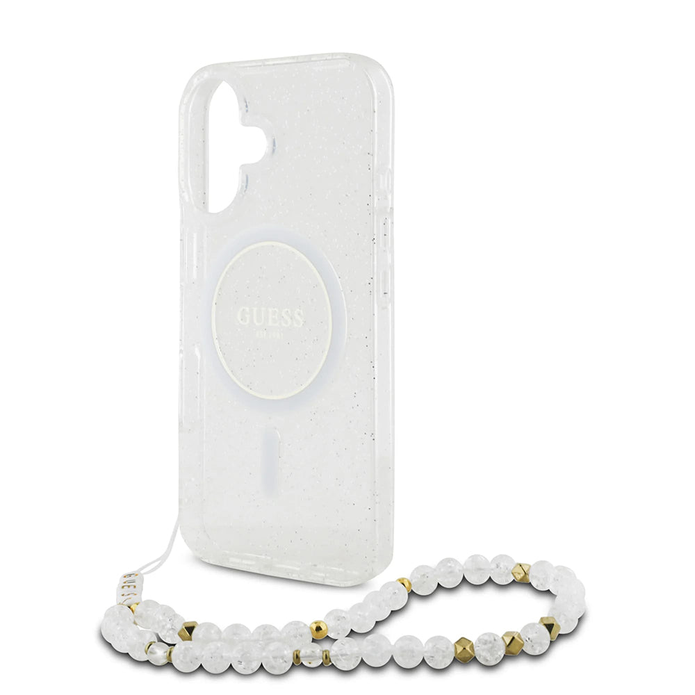 MagSafe cover til Apple iPhone 16 Plus, Guess, IML Glitter med perlerem, Transparent