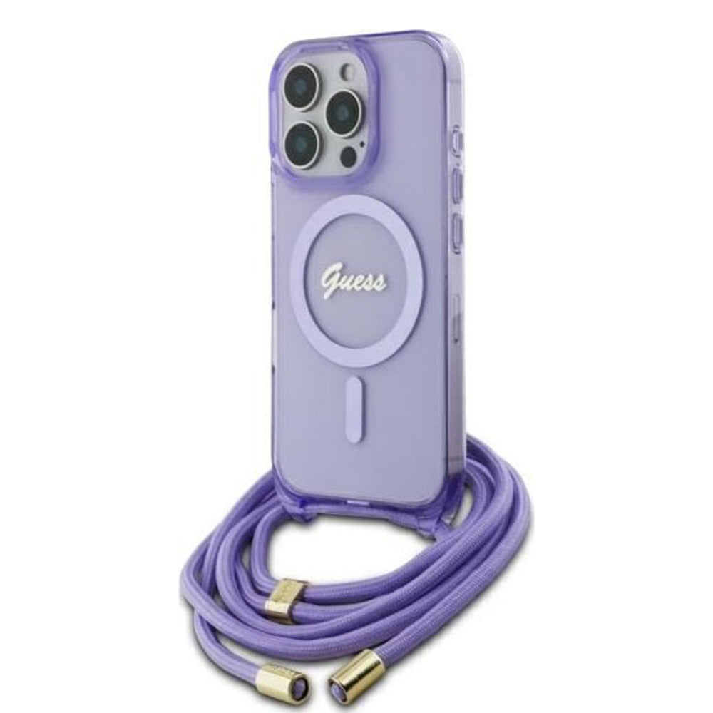MagSafe etui til Apple iPhone 16 Pro, Guess, IML Crossbody Cord Script, Lilla