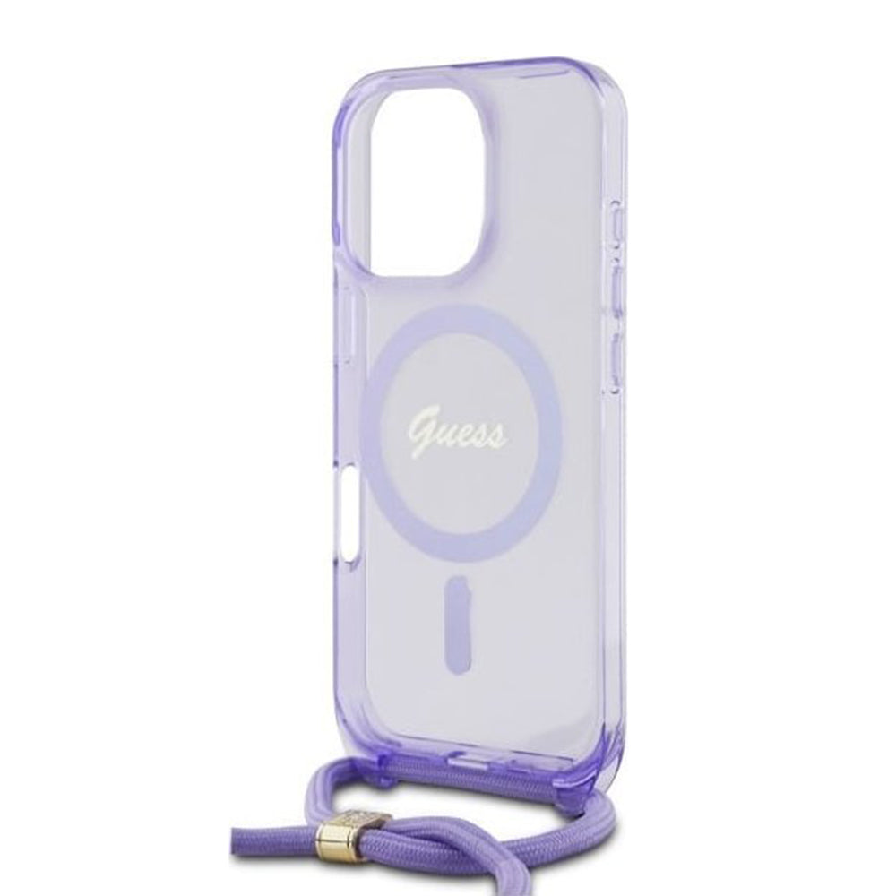 MagSafe etui til Apple iPhone 16 Pro, Guess, IML Crossbody Cord Script, Lilla