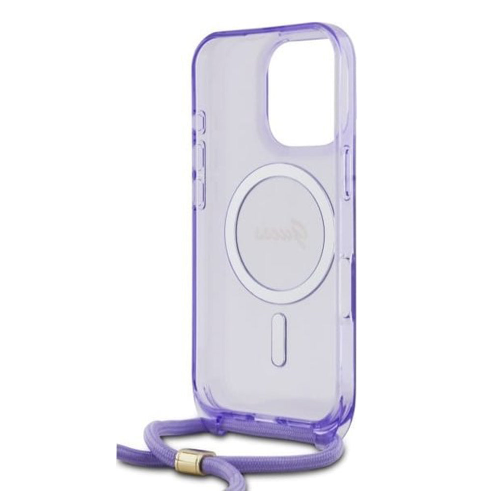 MagSafe etui til Apple iPhone 16 Pro, Guess, IML Crossbody Cord Script, Lilla