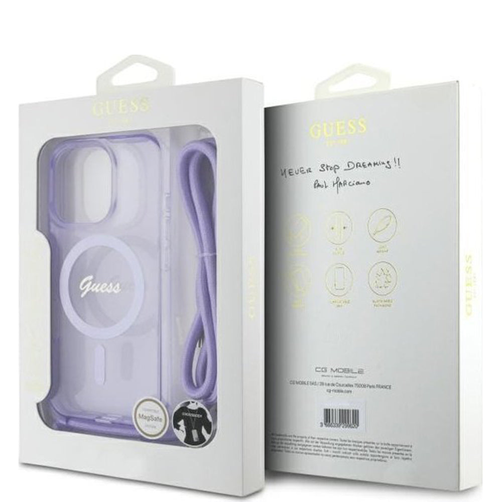 MagSafe etui til Apple iPhone 16 Pro, Guess, IML Crossbody Cord Script, Lilla