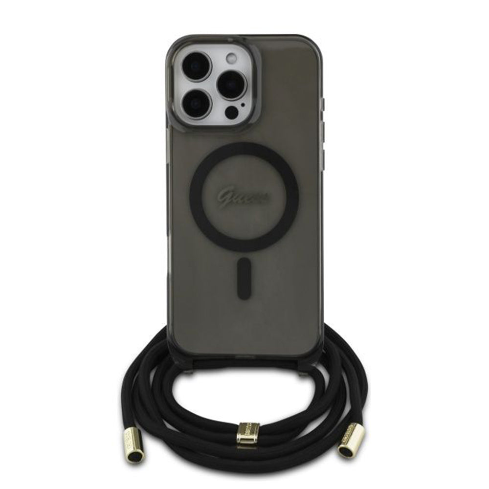 MagSafe etui til Apple iPhone 16 Pro, Guess, IML Crossbody Cord Script, Sort