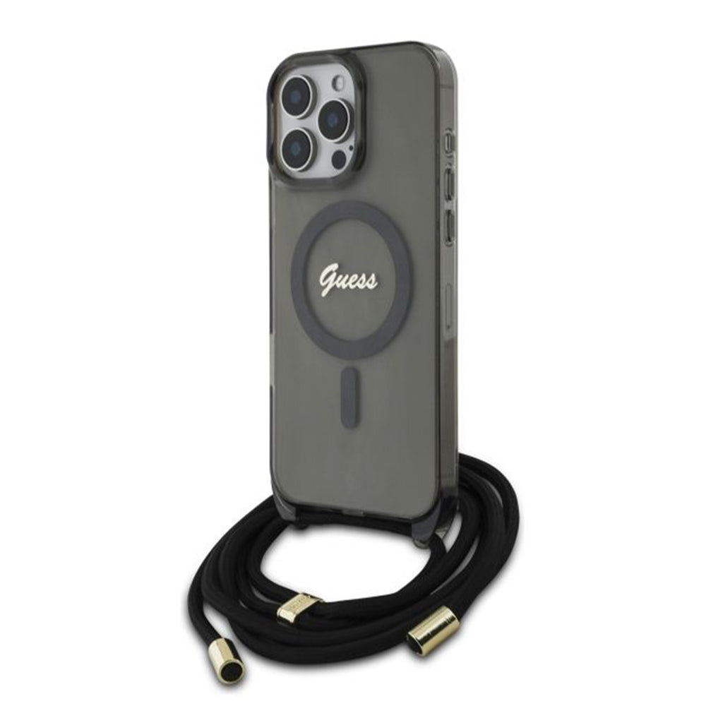 MagSafe etui til Apple iPhone 16 Pro, Guess, IML Crossbody Cord Script, Sort