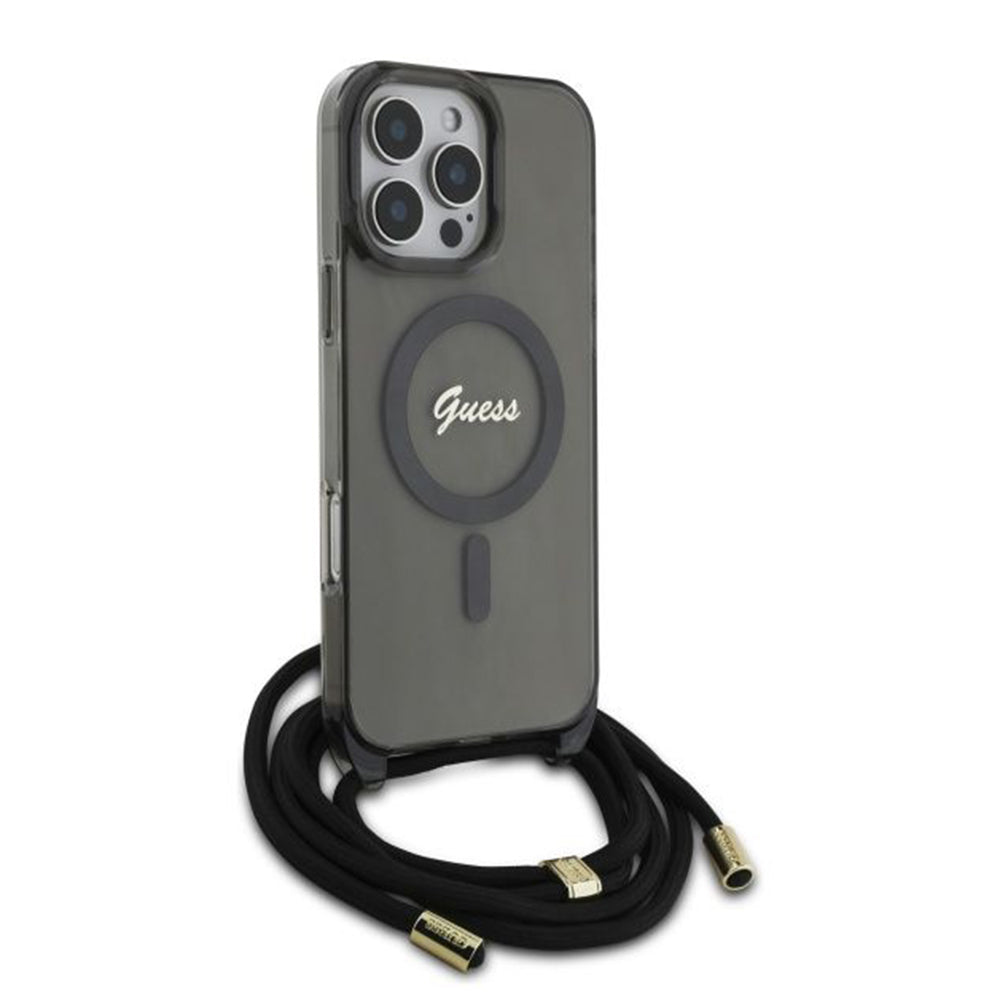 MagSafe etui til Apple iPhone 16 Pro, Guess, IML Crossbody Cord Script, Sort