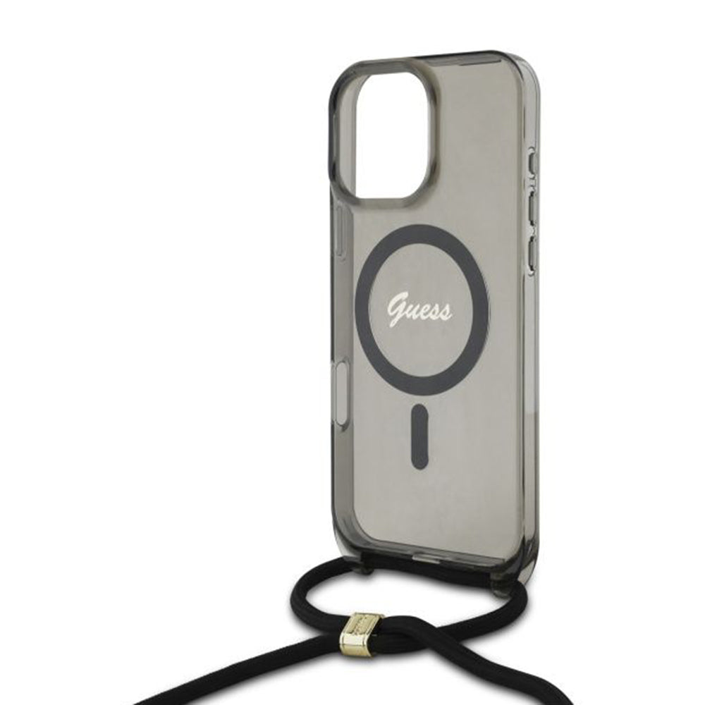 MagSafe etui til Apple iPhone 16 Pro, Guess, IML Crossbody Cord Script, Sort