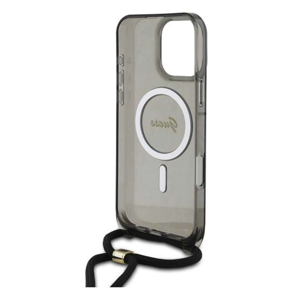MagSafe etui til Apple iPhone 16 Pro, Guess, IML Crossbody Cord Script, Sort