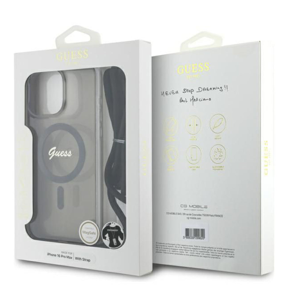 MagSafe etui til Apple iPhone 16 Pro, Guess, IML Crossbody Cord Script, Sort