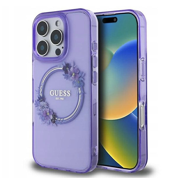 MagSafe cover til Apple iPhone 16 Pro, Guess, IML Flowers Wreath, Lilla
